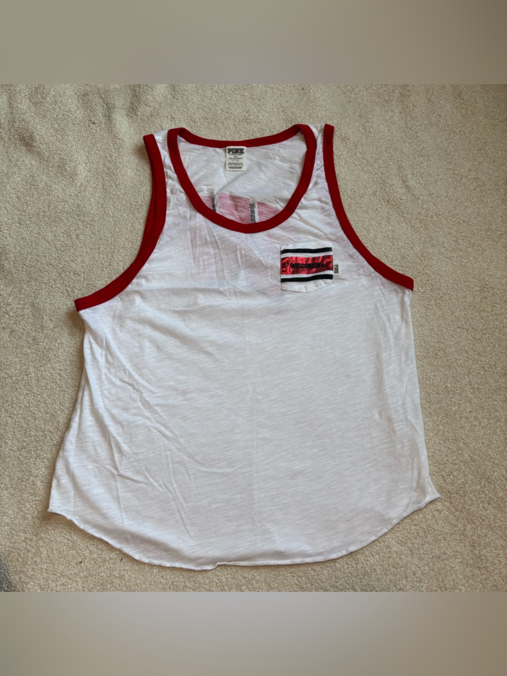 PINK Victoria's Secret White Tank with Red Trim and Pocket Stripe